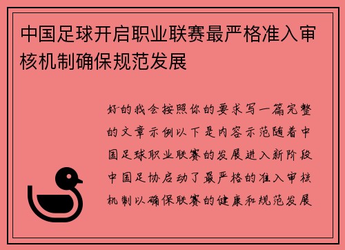 中国足球开启职业联赛最严格准入审核机制确保规范发展 中国足球开启职业联赛最严格准入审核机制确保规范发展