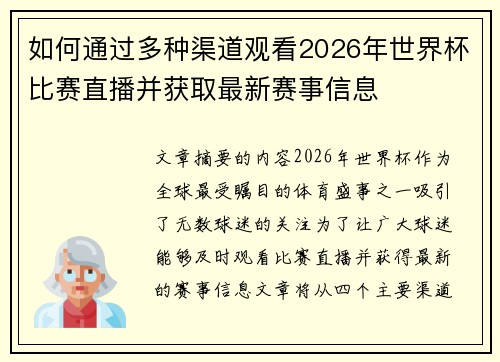 如何通过多种渠道观看2026年世界杯比赛直播并获取最新赛事信息